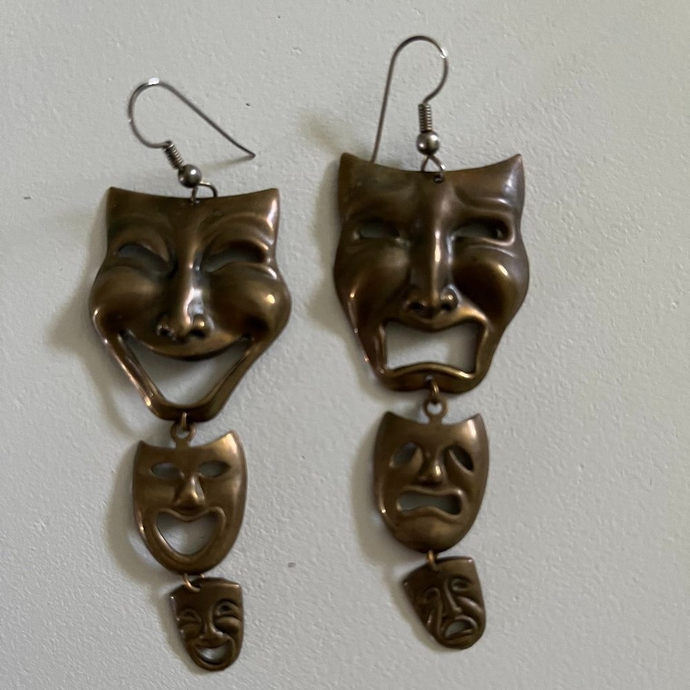 Drop Earrings Comedy and Tragedy Faces Brass-like Metal